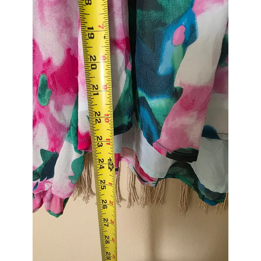 Entro Women's Floral Peasant Blouse Size S Green Pink Smocked Balloon Sleeve